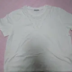 ZARA ホワイト レースVネックTシャツ XL