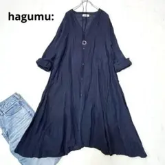 hagumu:リネン　Vネックシャツワンピース　ネイビー　ゆったり　羽織りのサムネイル