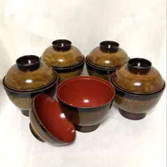 【新品未使用】木製 漆塗 蓋付 汁椀 5客揃え 吸物椀 お椀 和食器のサムネイル