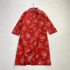 ワコール 花柄キルティング ロングガウン M レッド 昭和レトロ ヴィンテージ風