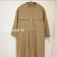 【超美品】 ザショップティーケー シャツワンピース 5分袖 キャメル ノーカラー