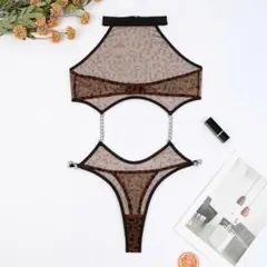 セクシー☆ボディスーツ☆ヒョウ柄☆ブラウン☆M☆薄地☆ホルターネック☆スケ感のサムネイル