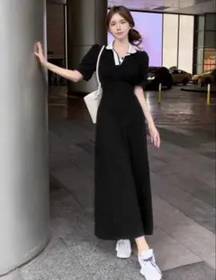 DAZY レディース カジュアル 襟 パフスリーブロングワンピース