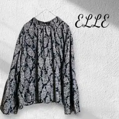 【ELLEエル】スタンドカラーブラウス　ペーズリ―柄　総柄　レトロ　　デザイン袖