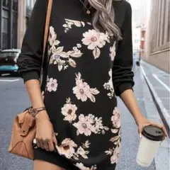 花柄 黒 膝丈 ワンピース チュニックサイズM