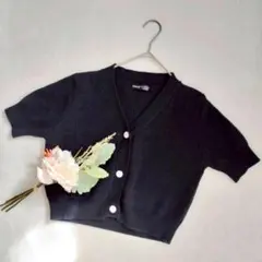 美品 ニットカーディガン L 黒 ショート丈 Vネック 半袖 韓国 Y2K