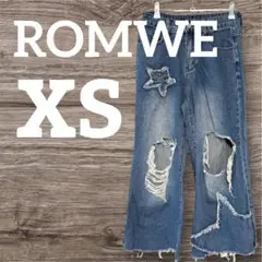 一点物❣️ROMWE 【XS】ダメージ加工 ワイドレッグデニム