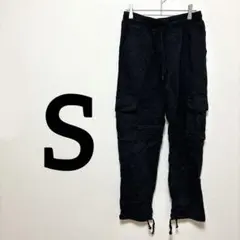 【S】 ブラックカーゴパンツ ワークパンツ ポケット 裾紐 カジュアル メンズ