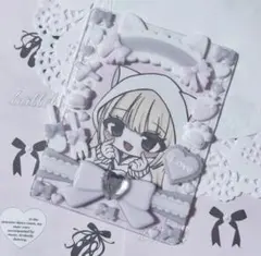 硬質ケースデコ ねこみみ メイド トレカケース グレー ピンク リボン 量産型