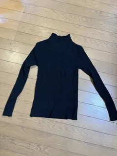 黒 リブ編み タートルネックニット　S