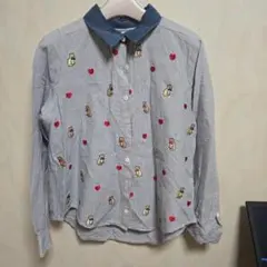 スカラーscolar長袖シャツMブルーストライプ猫ハート刺繍