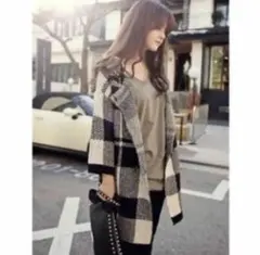 未使用 ニット ジャケット チェック柄 カーディガン 白黒　ロング