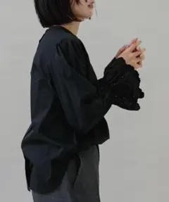 極美品✨　黒❤️　サニーレーベル　2WAY袖スカラップスタンドカラーブラウス