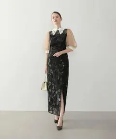 レースカラーリーフスパンコールパフスリーブIラインワンピースドレス