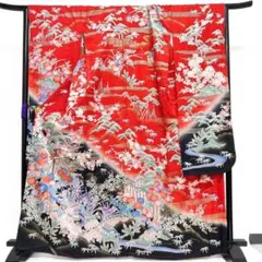 金彩　刺繍　振袖　身丈167　裄69　牡丹　菊花　松　正絹　着物　022b p