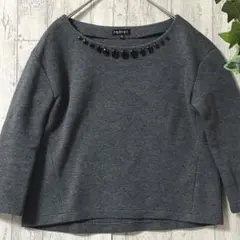 美品✨INDIVI ビジュー付トップス 05 グレー 七分袖 上品