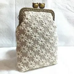 ハンドメイド　がま口ポーチ　タバコケースなど　刺繍花柄