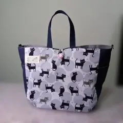 保冷保温お弁当袋 大き目ランチバッグ 黒猫 クロネコ ハンドメイド1005