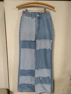 パッチワークデザイン ライトブルーデニムパンツ XS