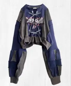 リメイク フロントリボン スウェット カーディガン ネイビー グレー