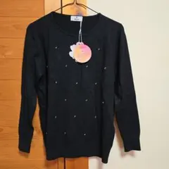 新品　黒 ビーズ装飾 ニット セーター 長袖