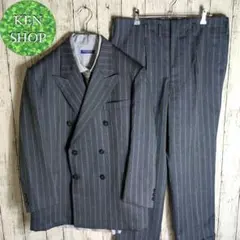 スーツセットアップ　ダークブルーストライプ　ダブル　ネクタイシャツ付　古着