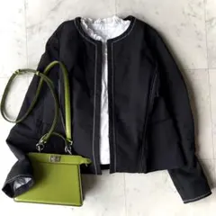 LANVINオンブルー 定価4万 綿100 黒 ティアード ノーカラージャケット