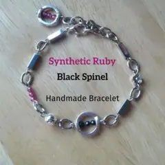 b.518天然石ブレスレット シンセティックルビー ブラックスピネル ステンレス