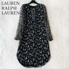 美品 ローレンラルフローレン ワンピース ロング 花柄 リボンベルト 黒 M