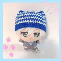 ちびぐるみ ぬい服 猫耳ボーダーニット帽 青×白 ハンドメイド 編み物