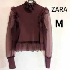 ZARA 長袖　フリル　ニット　シアー　ブラウス ボルドー M