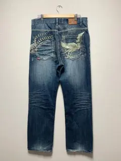 [AKADEMIKS] 鳳凰 バギーワイド 刺繍 インディゴデニムパンツ 36