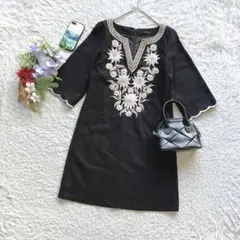チェリーアン ワンピース ミニ 花柄 刺繍 長袖 M キーネック 裏地ありのサムネイル