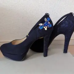 ESPERANZA ネイビースエード調パンプス ビジュー付き ハイヒールパンプス