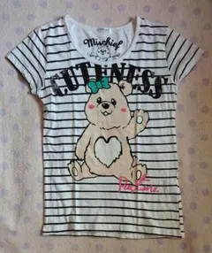 レディース　半袖Tシャツ　くま　ボーダー柄　白×黒　Lサイズ