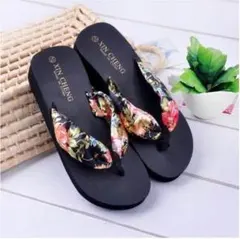 新作♪黒 ビーチサンダル レディース 厚底 ウェッジソール ボヘミアンスタイル