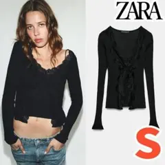新品‼ ZARA リブトップス レース 黒色 S ザラ レイヤード風 カットソー