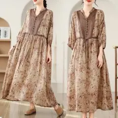 プリントワンピース Vネック 配色 切り替え 気質満点 レトロ カジュアル