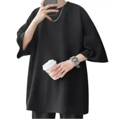 メンズ ブラック Tシャツ ゆったり 薄手 五分袖 カジュアル Ｌサイズ 伸縮性