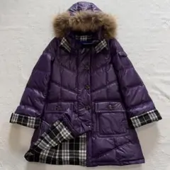バーバリーブルーレーベル　ダウンコート　チェック　フード　ファー　パープル　L