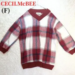 CECILMcBEE (F) ニットセーター リブVネック チェック柄 白赤系