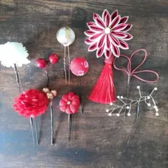 和装髪飾り 10点セット 赤と白