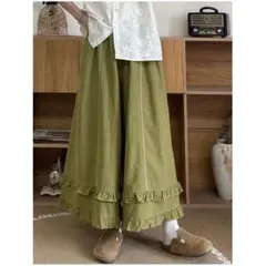 ワイドパンツ 綺麗め 着痩せ きれいめコーデ フラワーパターンフリル 切り替