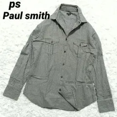 ポールスミス　シャツ長袖　チェック柄　メンズ　M 　黒×白　ロゴ刺繍　コットン