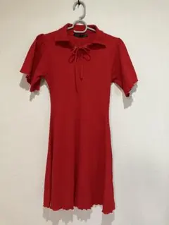 Heather ヘザー ワンピース 赤 リブ フレアスリーブ 半袖 リボン 美品のサムネイル