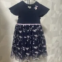 ネイビー 半袖ワンピース 刺繍入り