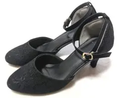 ストラップパンプス L 23.5cm 黒 レース 5cmヒール　アベイル