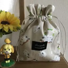 ハンドメイド巾着袋　白小花とシマエナガ柄がかわいい