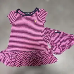美品ラフローレン半袖ワンピース ピンクストライプパンツセット12m