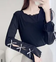 【mily bilet】袖リボン スラブシアージャガード プルオーバー